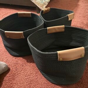 Black linen Storage Baskets with Tan Handles